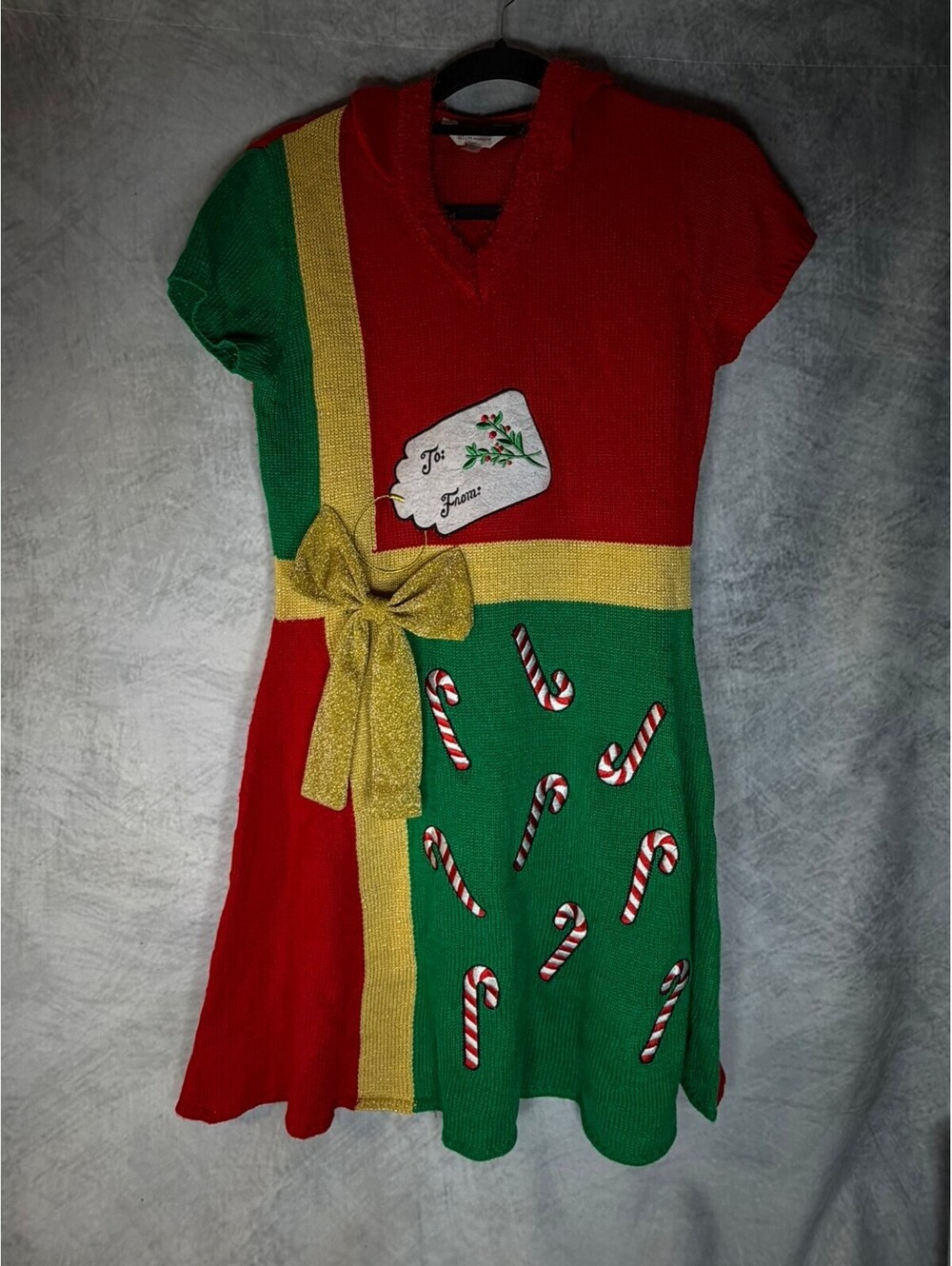 No Boundaries Junior L 11-13 Christmas Gift Wrap Candy Cane Hooded Sweater Dress